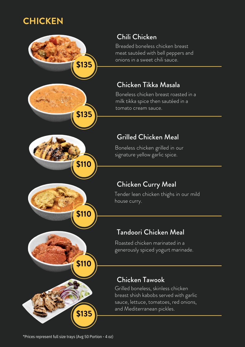 catering menu featuring chicken dishes