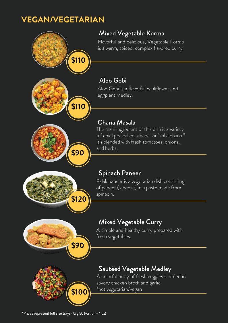 catering menu featuring vegetarian and vegan dishes