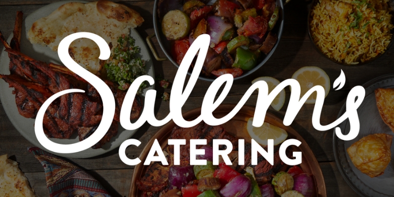 Salem's Catering header with delicious food in the background.